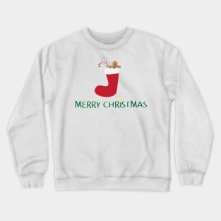 Merry Christmas logo with Red sock, gingerbread cookie, Red and white striped candy and Yellow star on white background Crewneck Sweatshirt